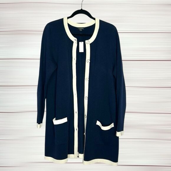 NWT Talbots Navy Blue Cotton Blend Mid
Length Button Cardigan Sweater Pockets L - Picture 2 of 13